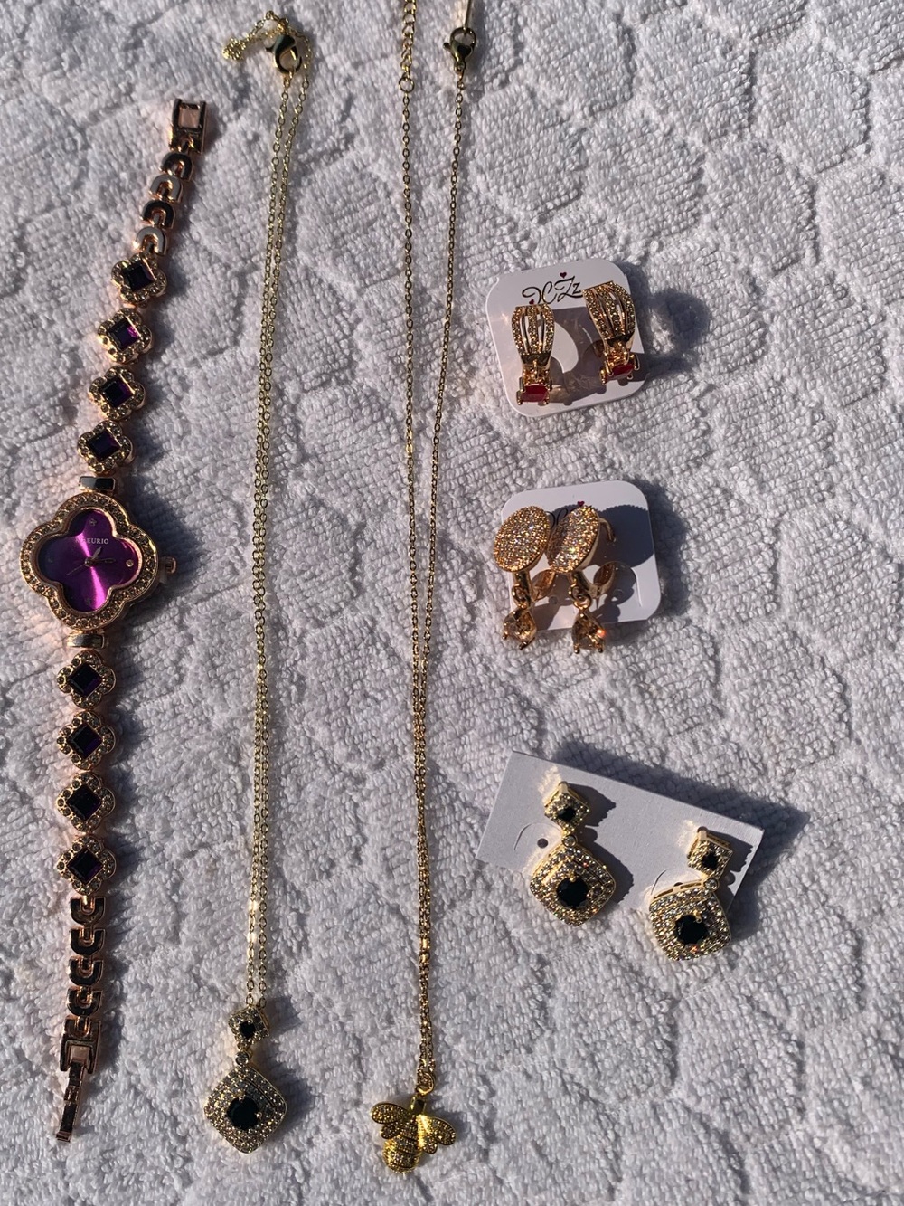 Two Different Gold-Toned Jewelry Set! Necklaces, Earrings & Purple Dial Watch!!